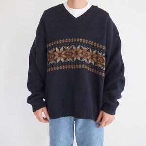 Vintage Eddie Bauer Navy Wool Fair Isle Cabincore Eclectic Grandpa Sweater XL